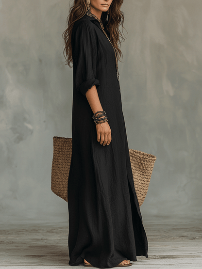 📦📦Mother's Day Sale 49% Off ⏰Black Button-Front Bohemian Shirt Maxi Dress