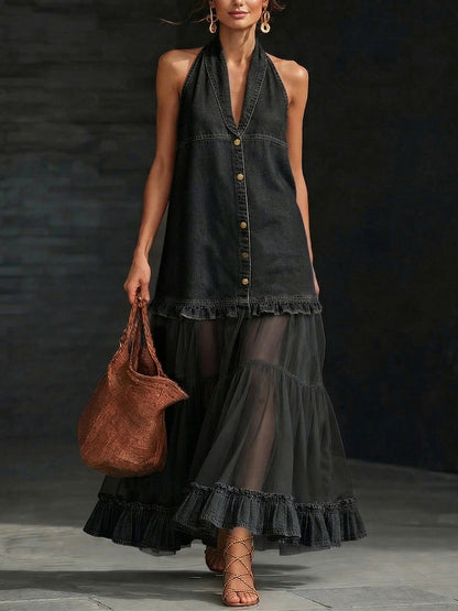 📦📦LAST DAY SAVE 49% ⏰Stylish Elegant Organza-Paneled Denim Maxi Dress