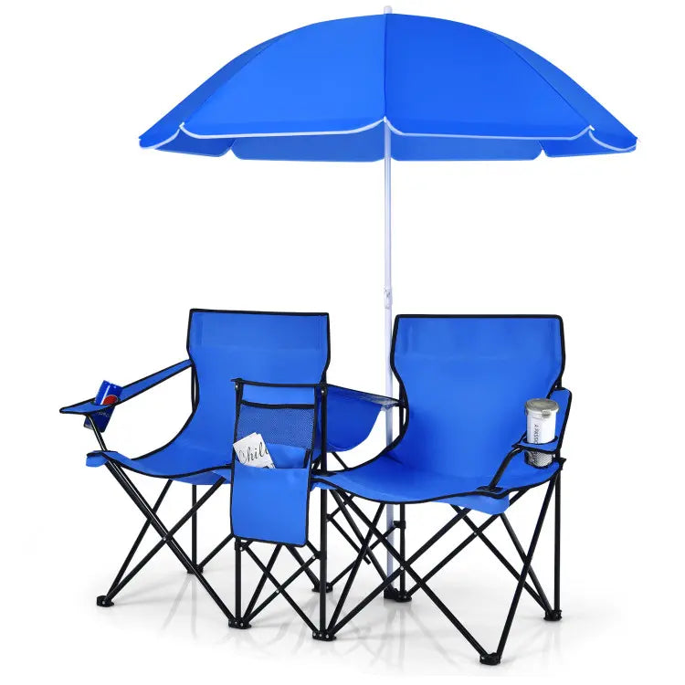 💥Clearance Sale 🪑 Double Camping Chairs ⛱️ w/ Umbrella & Cooler Bag 🧃 Outdoor Folding Set