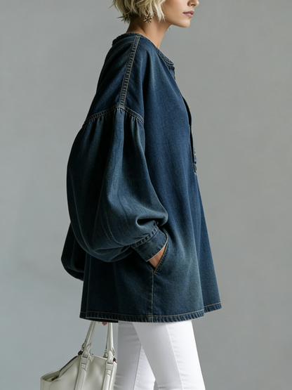 Women's V-neck Long-sleeved Casual Loose Denim Top