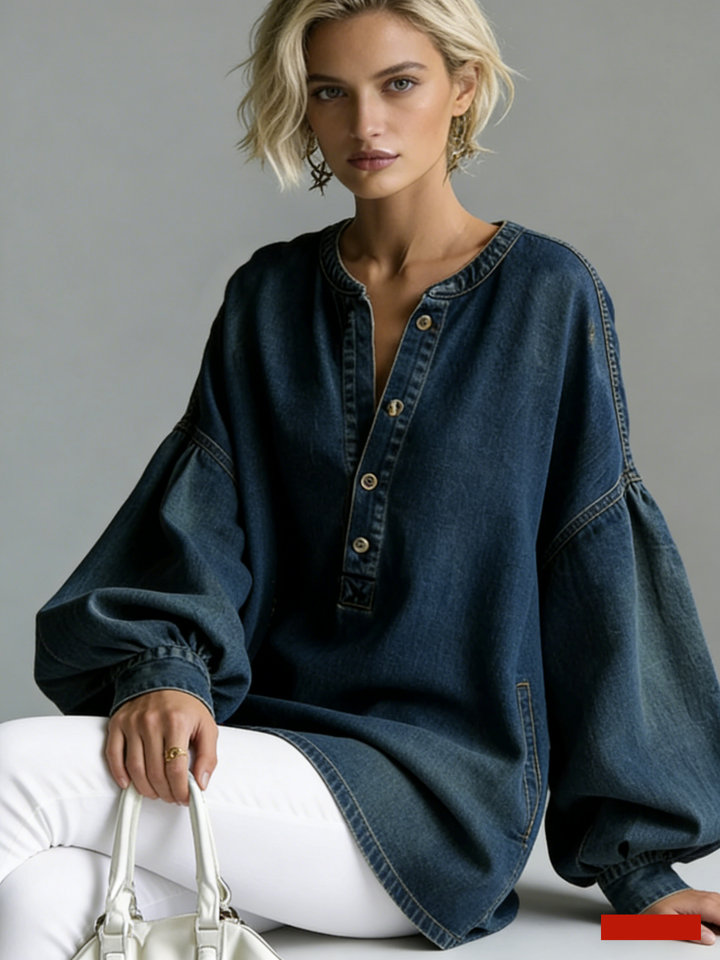 Women's V-neck Long-sleeved Casual Loose Denim Top