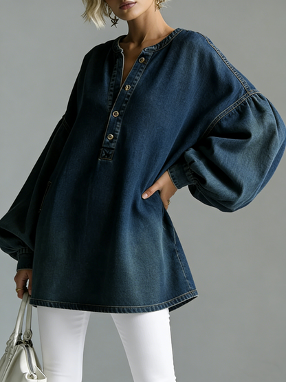 Women's V-neck Long-sleeved Casual Loose Denim Top