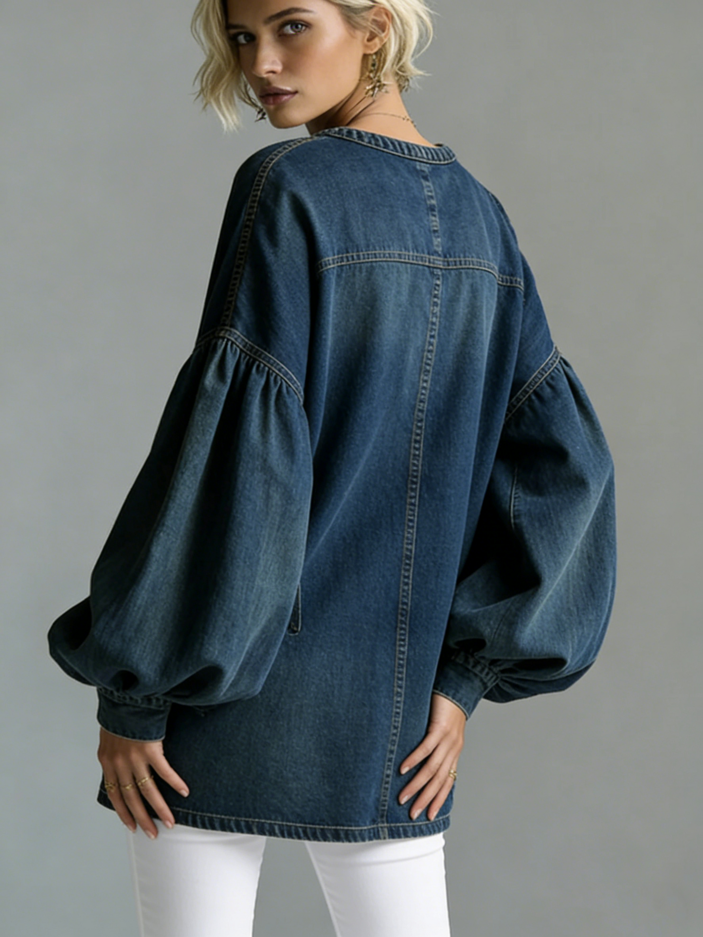 Women's V-neck Long-sleeved Casual Loose Denim Top