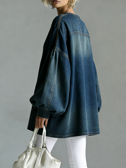 Women's V-neck Long-sleeved Casual Loose Denim Top