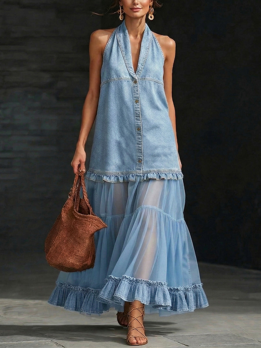 📦📦LAST DAY SAVE 49% ⏰Stylish Elegant Organza-Paneled Denim Maxi Dress