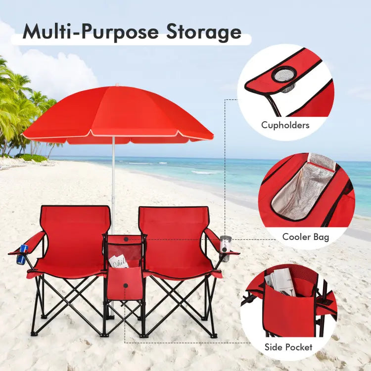 💥Clearance Sale 🪑 Double Camping Chairs ⛱️ w/ Umbrella & Cooler Bag 🧃 Outdoor Folding Set