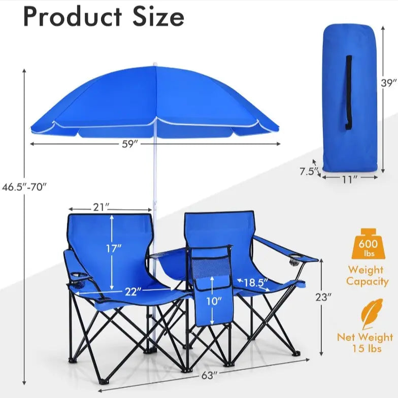 💥Clearance Sale 🪑 Double Camping Chairs ⛱️ w/ Umbrella & Cooler Bag 🧃 Outdoor Folding Set