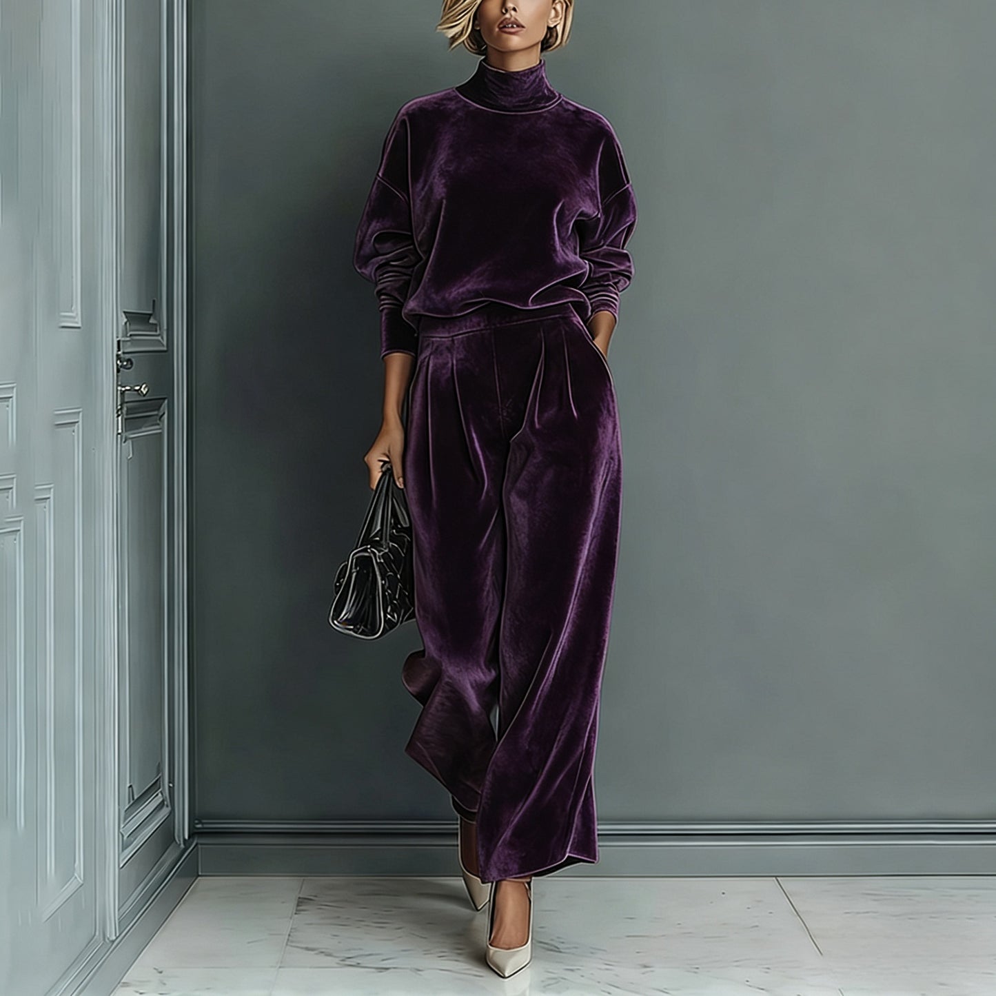 🤩🤩Stylish Velvet Turtleneck Long-sleeved Top and Casual Pocket Wide-leg Pants Set