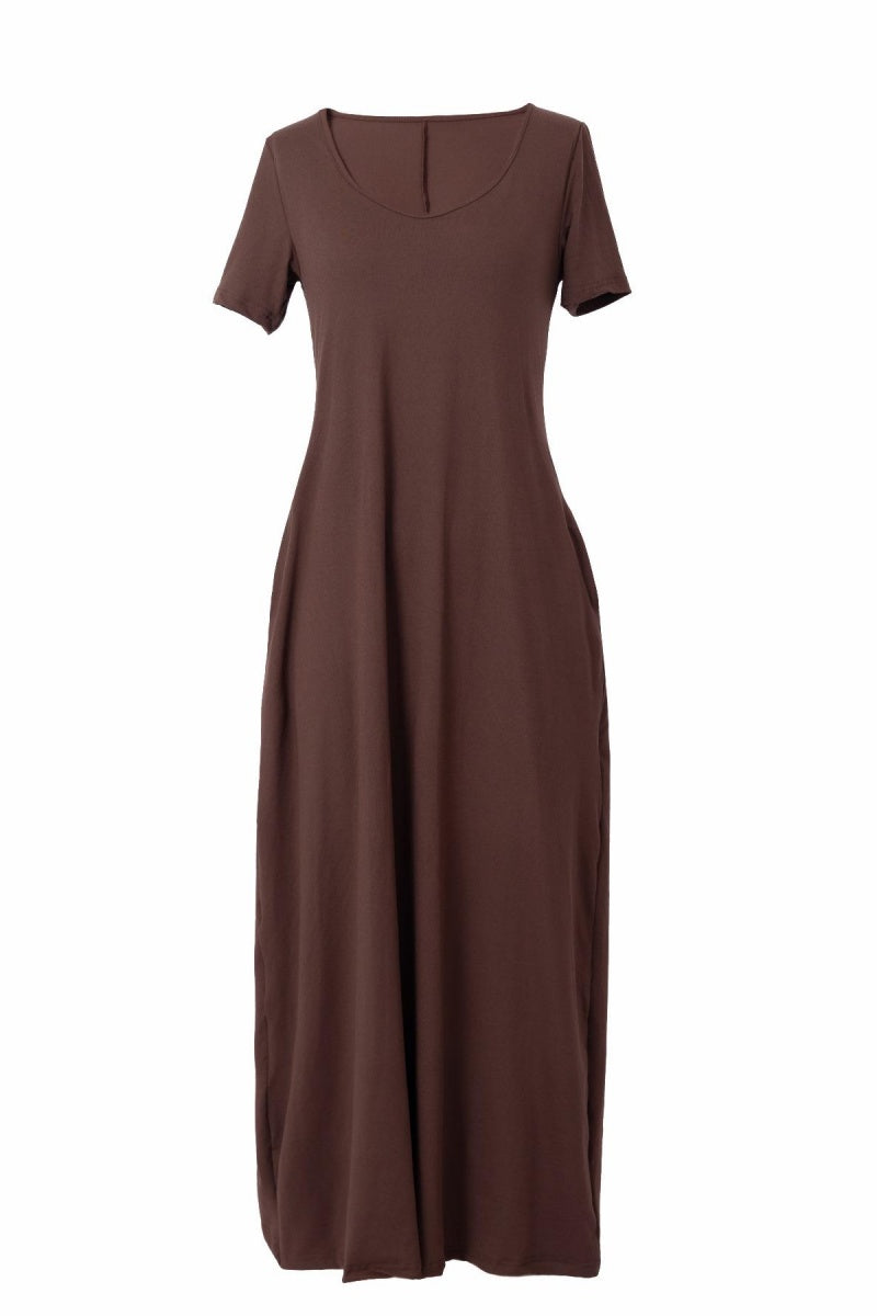 🤩🤩Women's Long Fitted Coffee Dress, Large Round Neck Short Sleeve Pocket Sleepwear