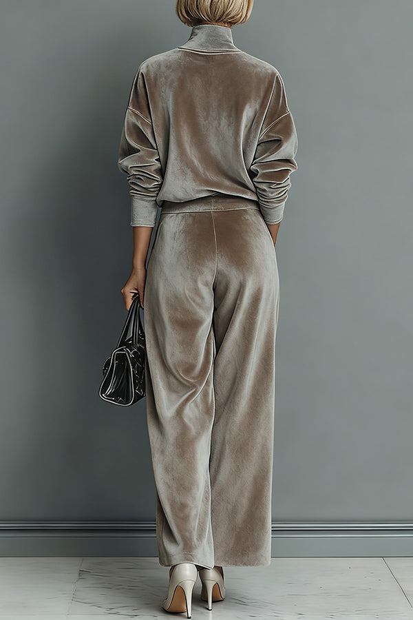 🤩🤩Stylish Velvet Turtleneck Long-sleeved Top and Casual Pocket Wide-leg Pants Set