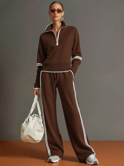 🤩🤩Retro Sporty Webbing Grey-white Half-zip Sweatshirt And Wide-leg Pants Set