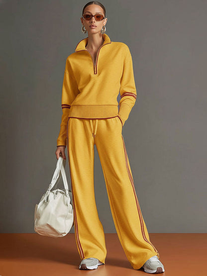 🤩🤩Retro Sporty Webbing Grey-white Half-zip Sweatshirt And Wide-leg Pants Set