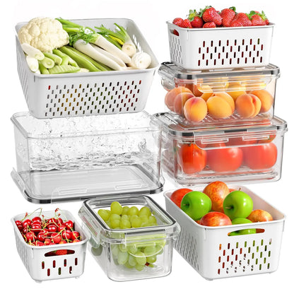 🔥8Pcs Kitchen Organizer   Double Drainer Fruit & Veg Storage 🥕