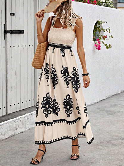 🤩🤩Womens Casual Sleeveless Square Neck Floral Aline Smocked Dresses with Pockets