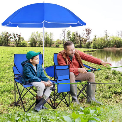 💥Clearance Sale 🪑 Double Camping Chairs ⛱️ w/ Umbrella & Cooler Bag 🧃 Outdoor Folding Set