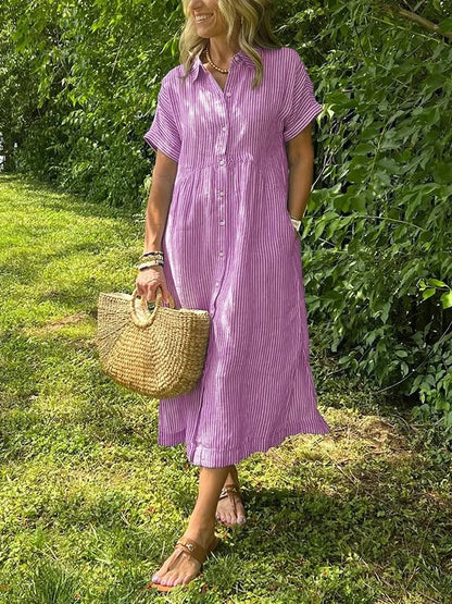 🤩🤩 Striped Lapel Button Down Shirt Dress | With Functional Pockets