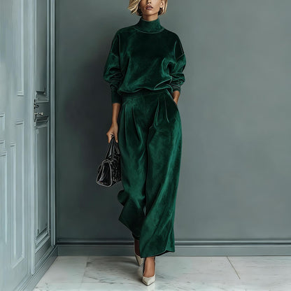 🤩🤩Stylish Velvet Turtleneck Long-sleeved Top and Casual Pocket Wide-leg Pants Set