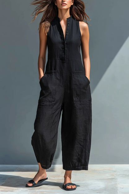 🤩🤩Women's Minimalist Linen Blend Button-up Stand-collar Sleeveless Loose Jumpsuit