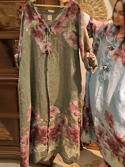 💝💝Women's V-neck Long Sleeve Vintage Positioning Print Casual Loose Cotton and Linen Dress