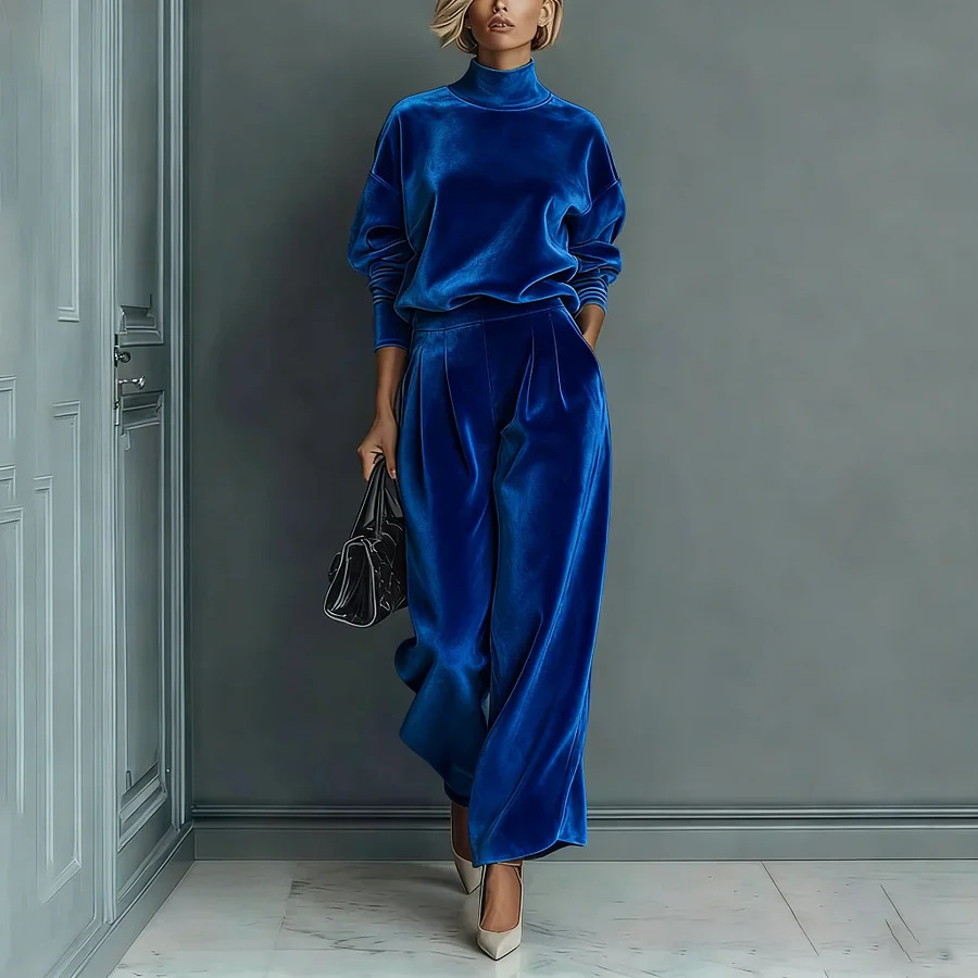 🤩🤩Stylish Velvet Turtleneck Long-sleeved Top and Casual Pocket Wide-leg Pants Set