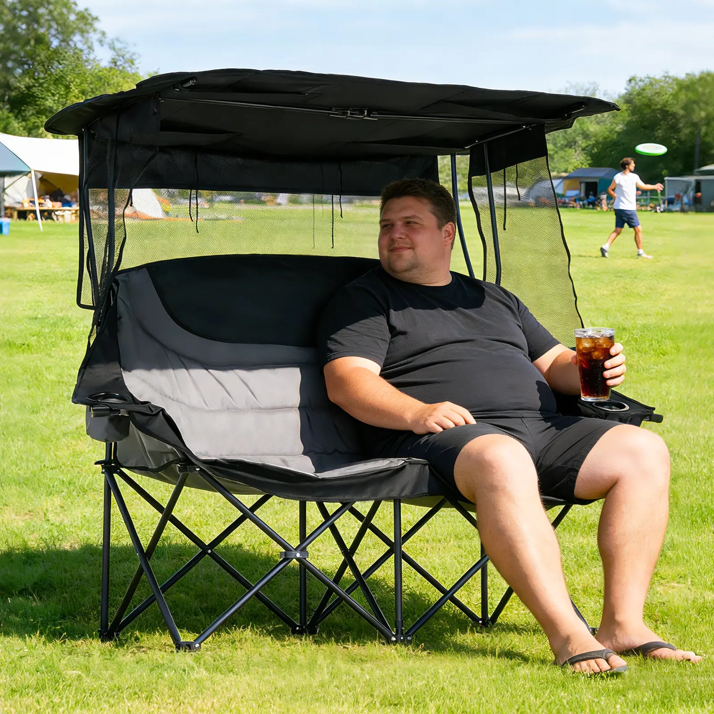 💥Clearance Sale ⛱️ XXL Double Camping Chair 🪑 Padded Loveseat w/ Shade Canopy 🌿 Outdoor Lounge