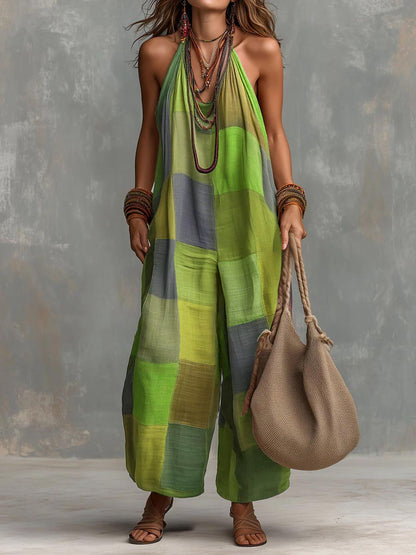 📦📦LAST DAY SAVE 49% ⏰Women's Plaid-print Casual Loose Halter-neck Cotton-linen Wide-leg Jumpsuit