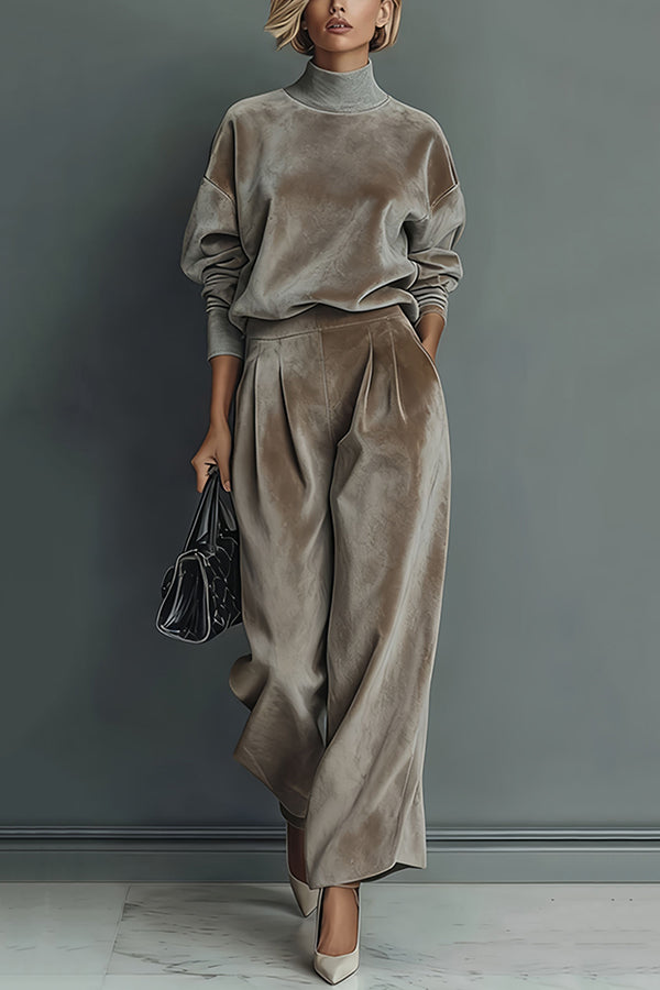 🤩🤩Stylish Velvet Turtleneck Long-sleeved Top and Casual Pocket Wide-leg Pants Set