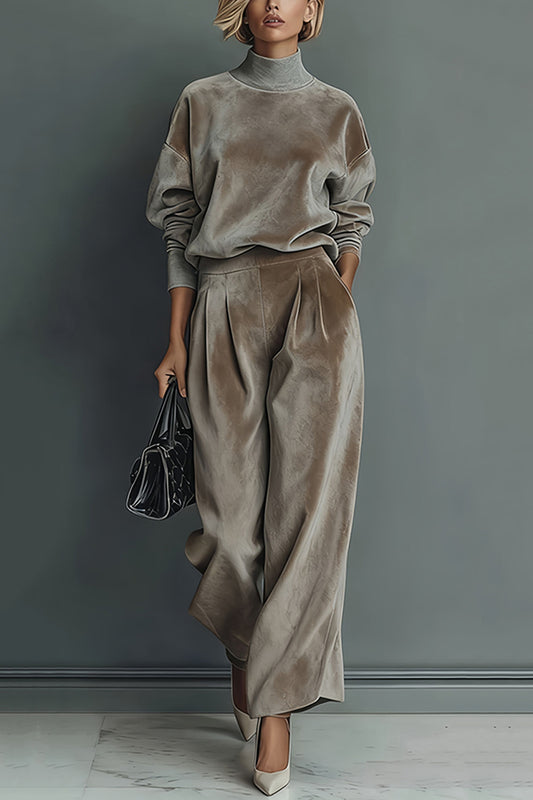 🤩🤩Stylish Velvet Turtleneck Long-sleeved Top and Casual Pocket Wide-leg Pants Set