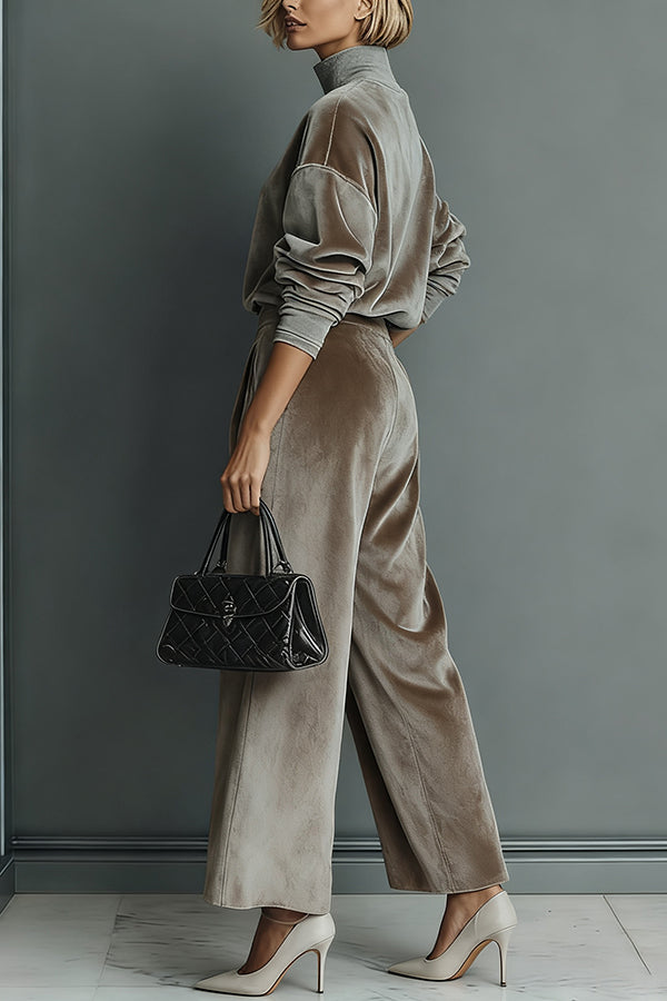 🤩🤩Stylish Velvet Turtleneck Long-sleeved Top and Casual Pocket Wide-leg Pants Set