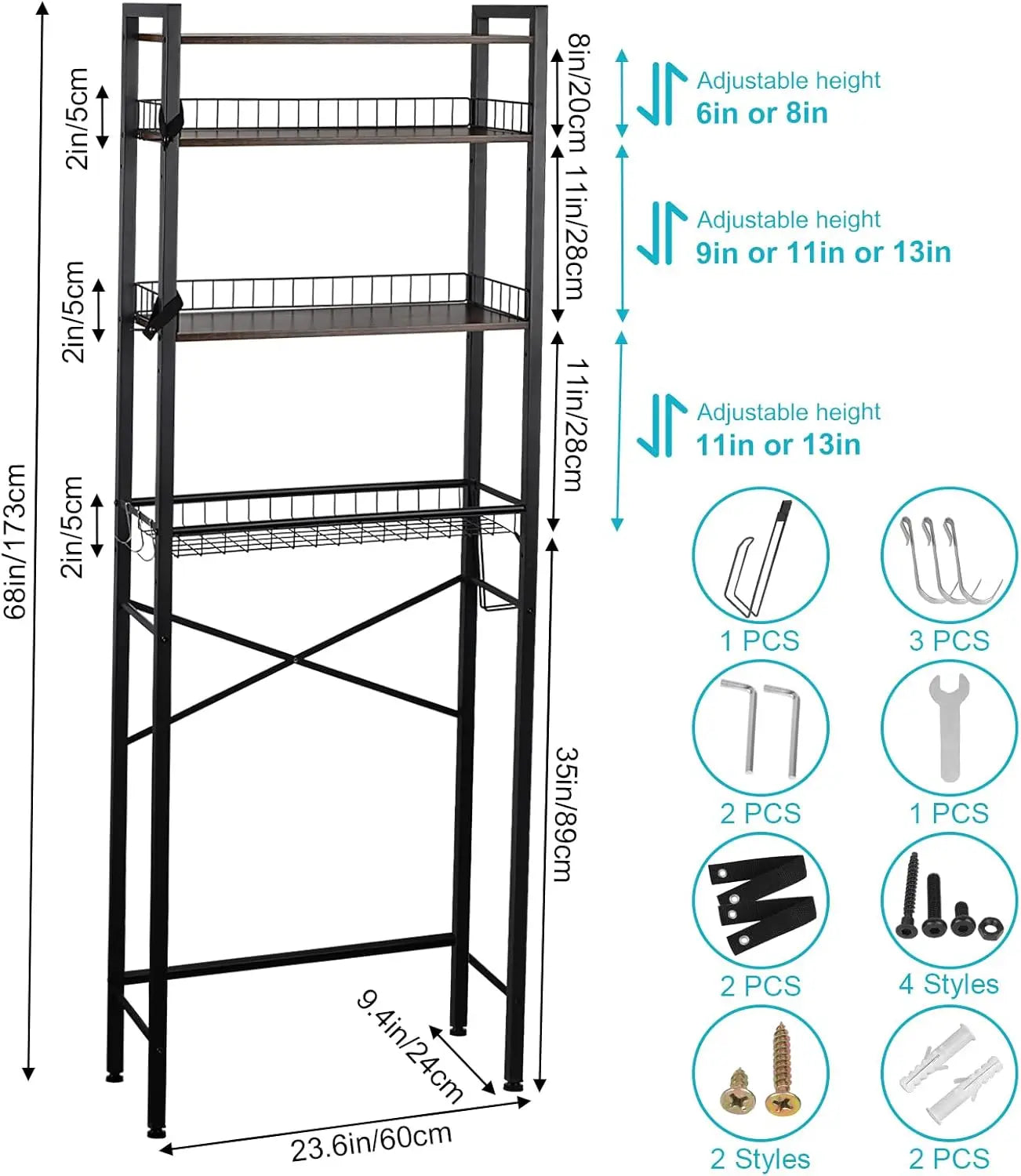 ✨4‑Tier Toilet Side Storage Organizer 🧻Multi‑Hook Design  LIMITED DEAL