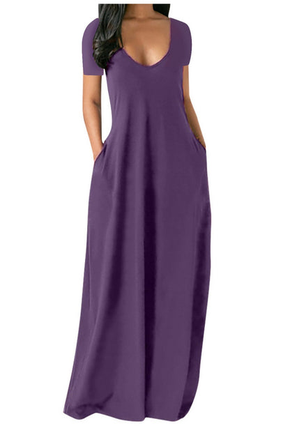 🤩🤩Women's Long Fitted Coffee Dress, Large Round Neck Short Sleeve Pocket Sleepwear