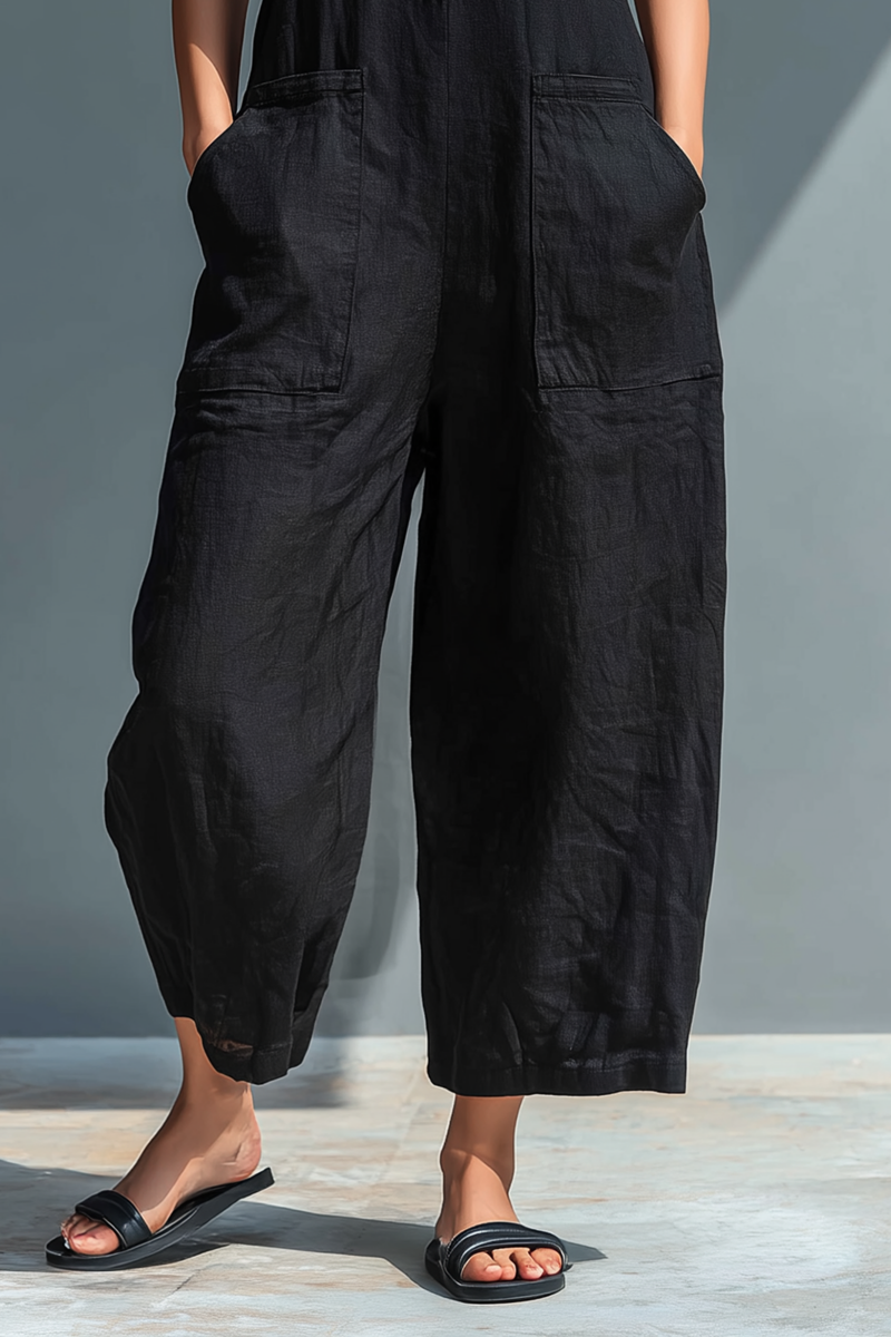 🤩🤩Women's Minimalist Linen Blend Button-up Stand-collar Sleeveless Loose Jumpsuit