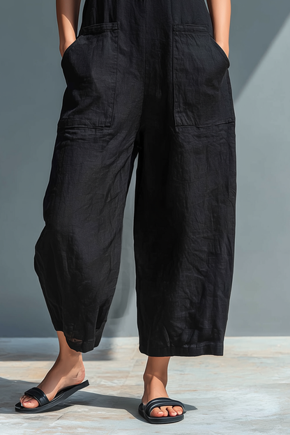 🤩🤩Women's Minimalist Linen Blend Button-up Stand-collar Sleeveless Loose Jumpsuit