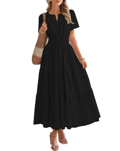 🤩🤩Women's Lightweight Short Sleeve V Neck Elastic Waist Dresses