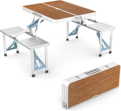 💥Clearance Sale 🪑 4FT Folding Picnic Table Set ⛱️ w/ 4 Seats & Umbrella Hole 🏕️ BBQ Travel RV Table