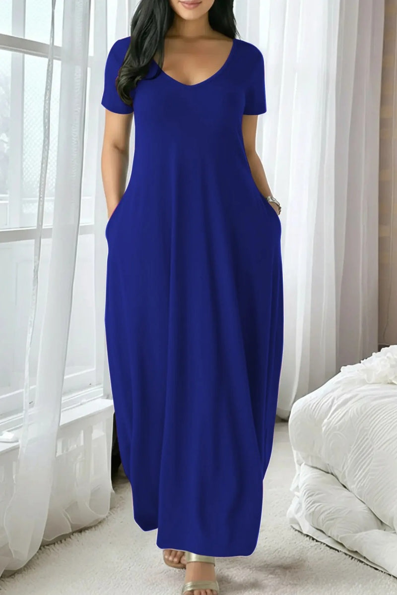 🤩🤩Women's Long Fitted Coffee Dress, Large Round Neck Short Sleeve Pocket Sleepwear