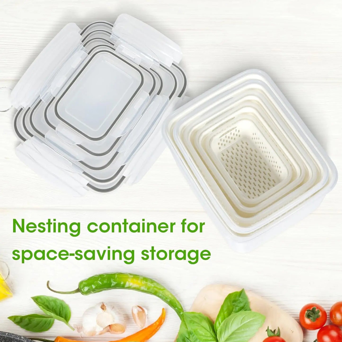 🔥8Pcs Kitchen Organizer   Double Drainer Fruit & Veg Storage 🥕