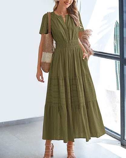 🤩🤩Women's Lightweight Short Sleeve V Neck Elastic Waist Dresses