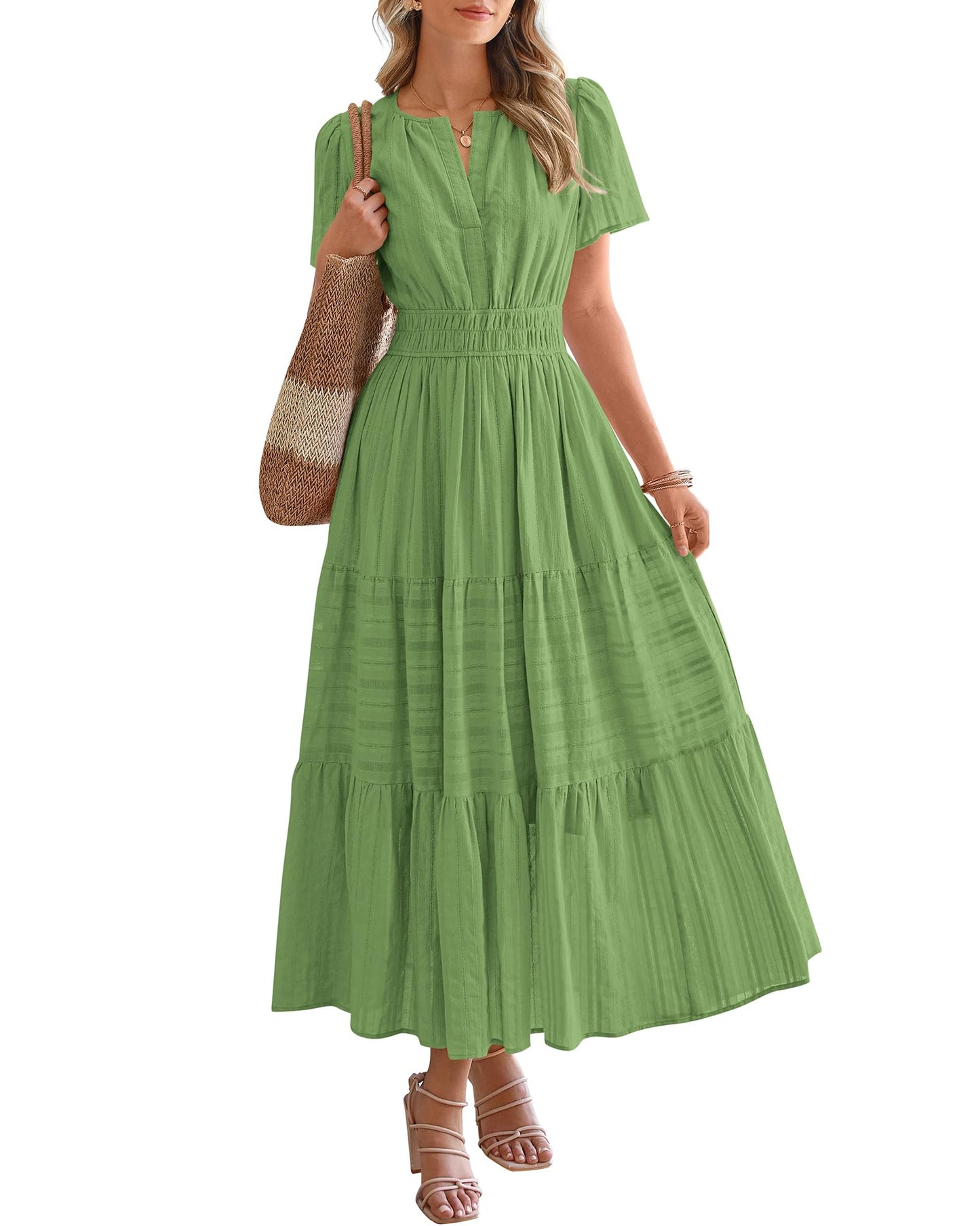 🤩🤩Women's Lightweight Short Sleeve V Neck Elastic Waist Dresses