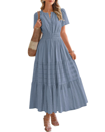 🤩🤩Women's Lightweight Short Sleeve V Neck Elastic Waist Dresses