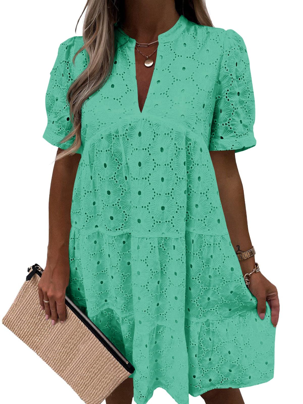 🤩🤩Women’s Lace Dresses Eyelet Casual Flowy Babydoll Swing