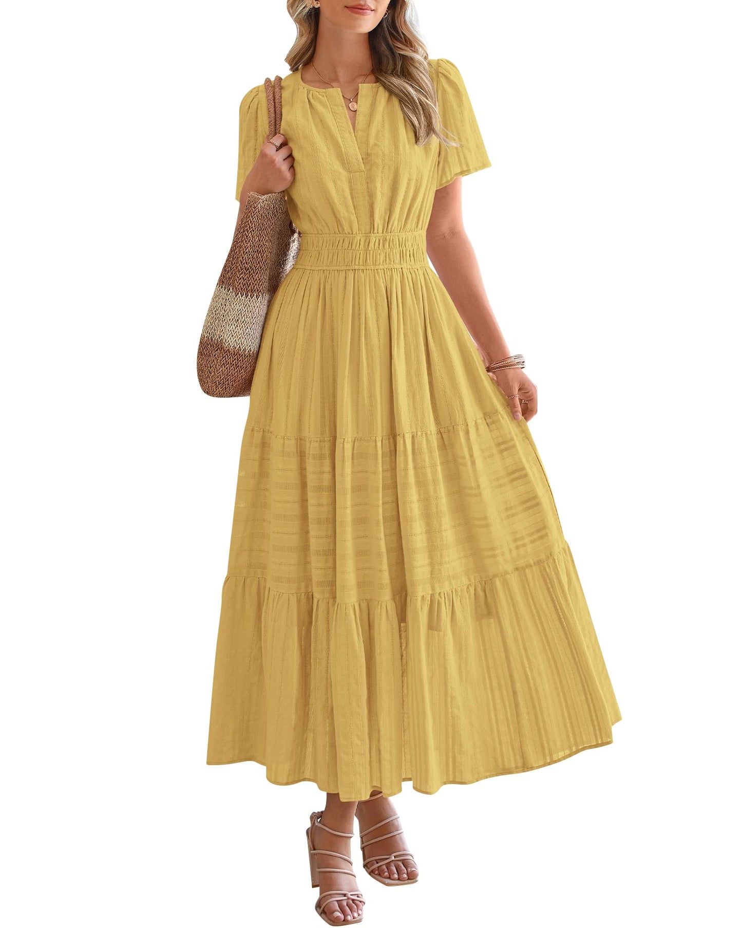 🤩🤩Women's Lightweight Short Sleeve V Neck Elastic Waist Dresses