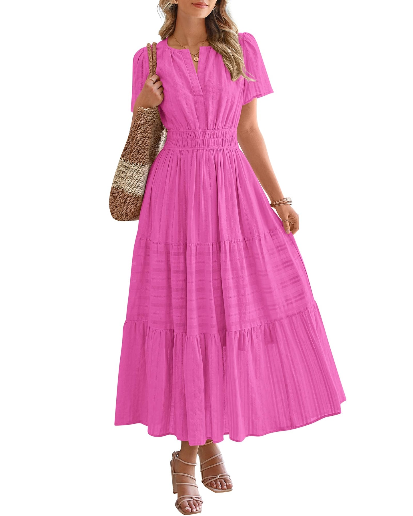 🤩🤩Women's Lightweight Short Sleeve V Neck Elastic Waist Dresses