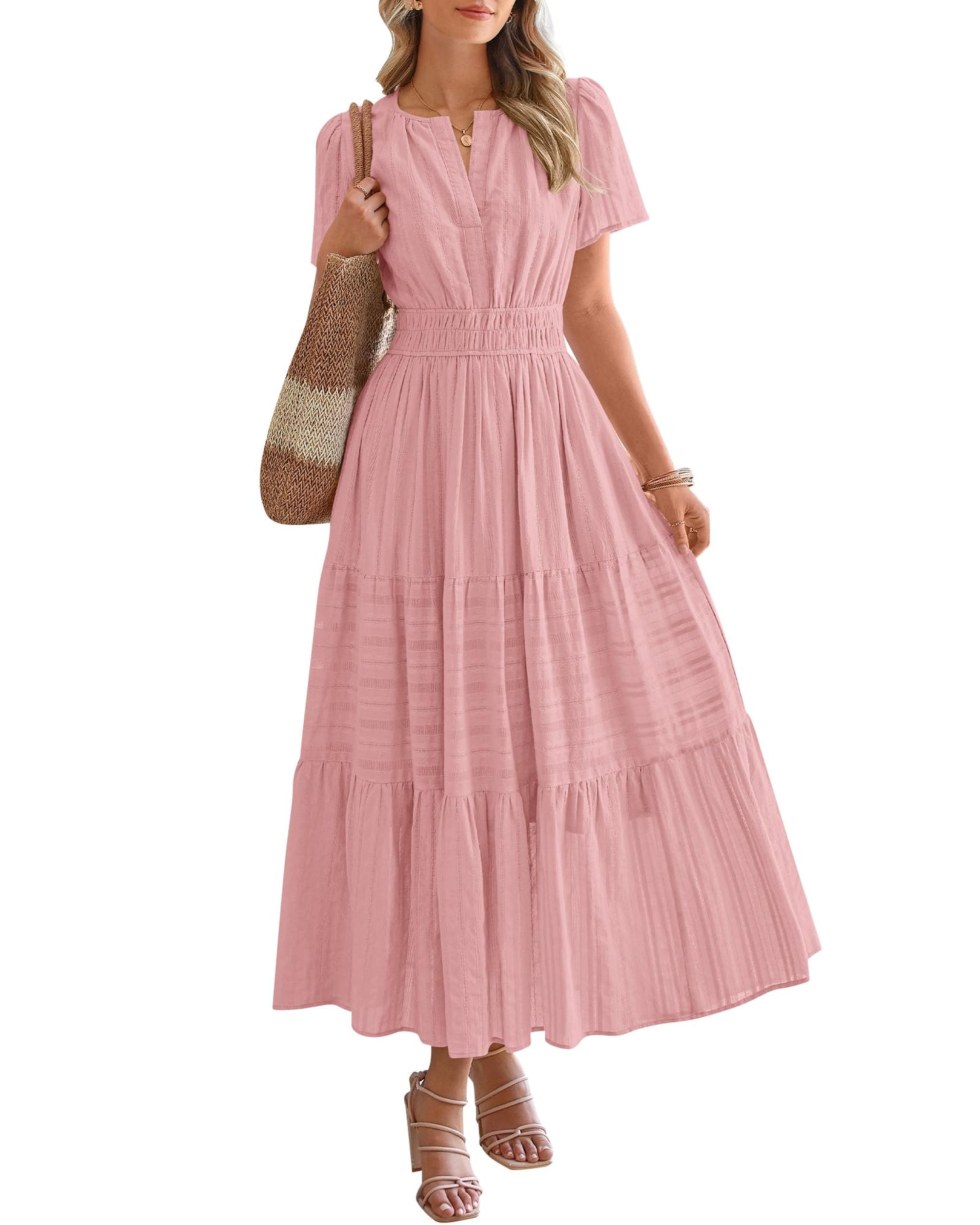 🤩🤩Women's Lightweight Short Sleeve V Neck Elastic Waist Dresses