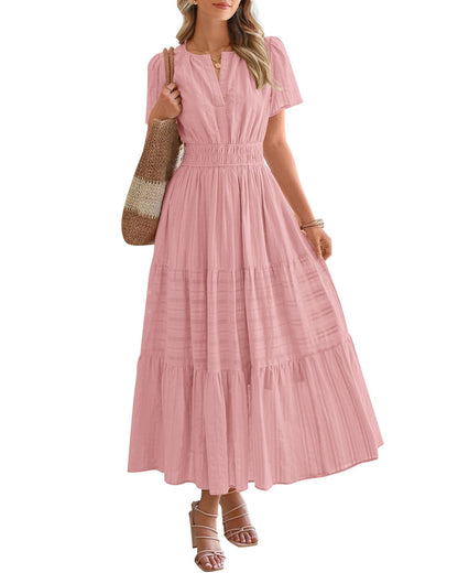 🤩🤩Women's Lightweight Short Sleeve V Neck Elastic Waist Dresses