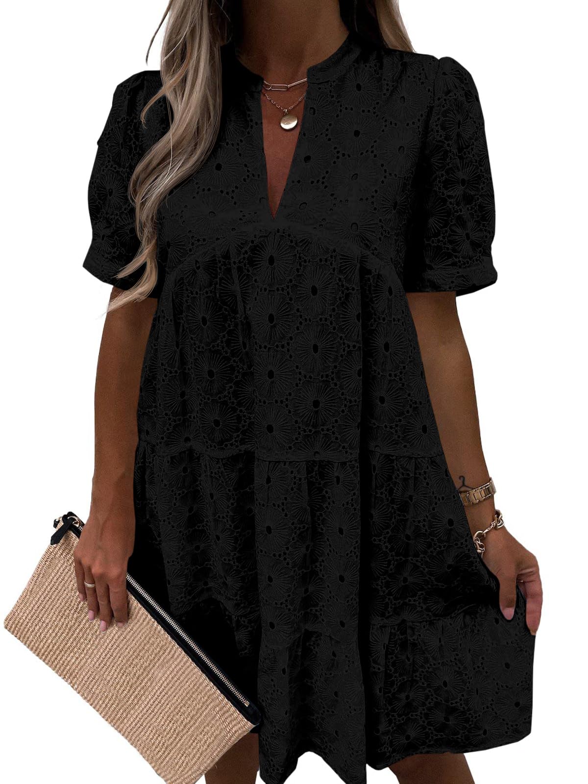 🤩🤩Women’s Lace Dresses Eyelet Casual Flowy Babydoll Swing