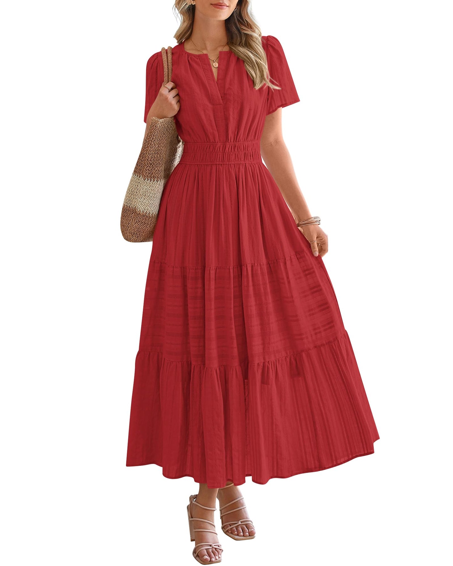 🤩🤩Women's Lightweight Short Sleeve V Neck Elastic Waist Dresses