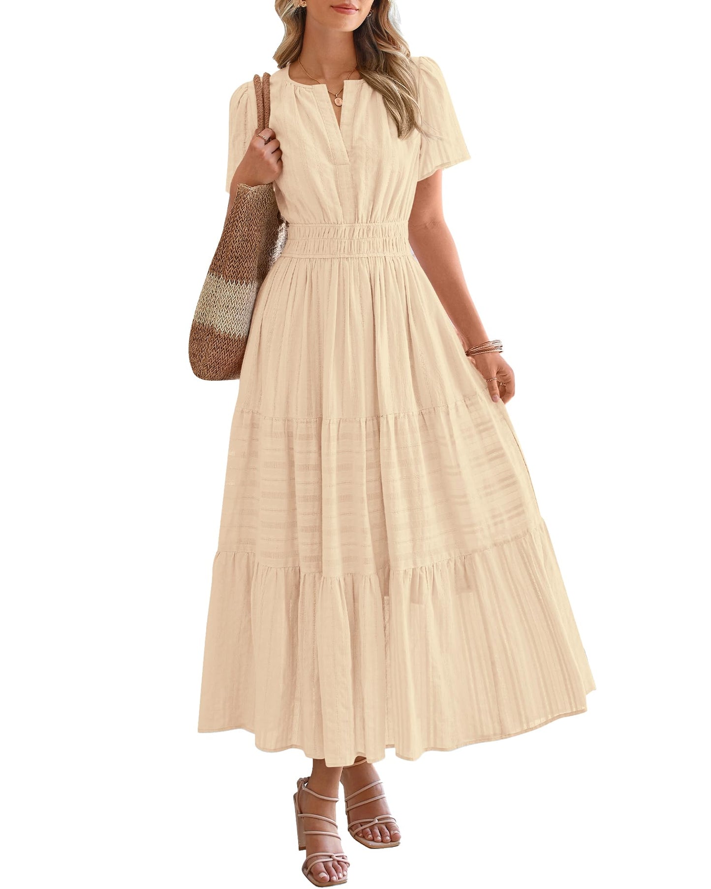 🤩🤩Women's Lightweight Short Sleeve V Neck Elastic Waist Dresses