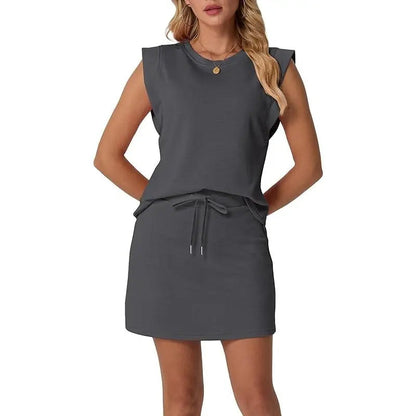 🤩🤩Women's Summer 2 Piece Skort Set Cap Sleeve Round Neck Top