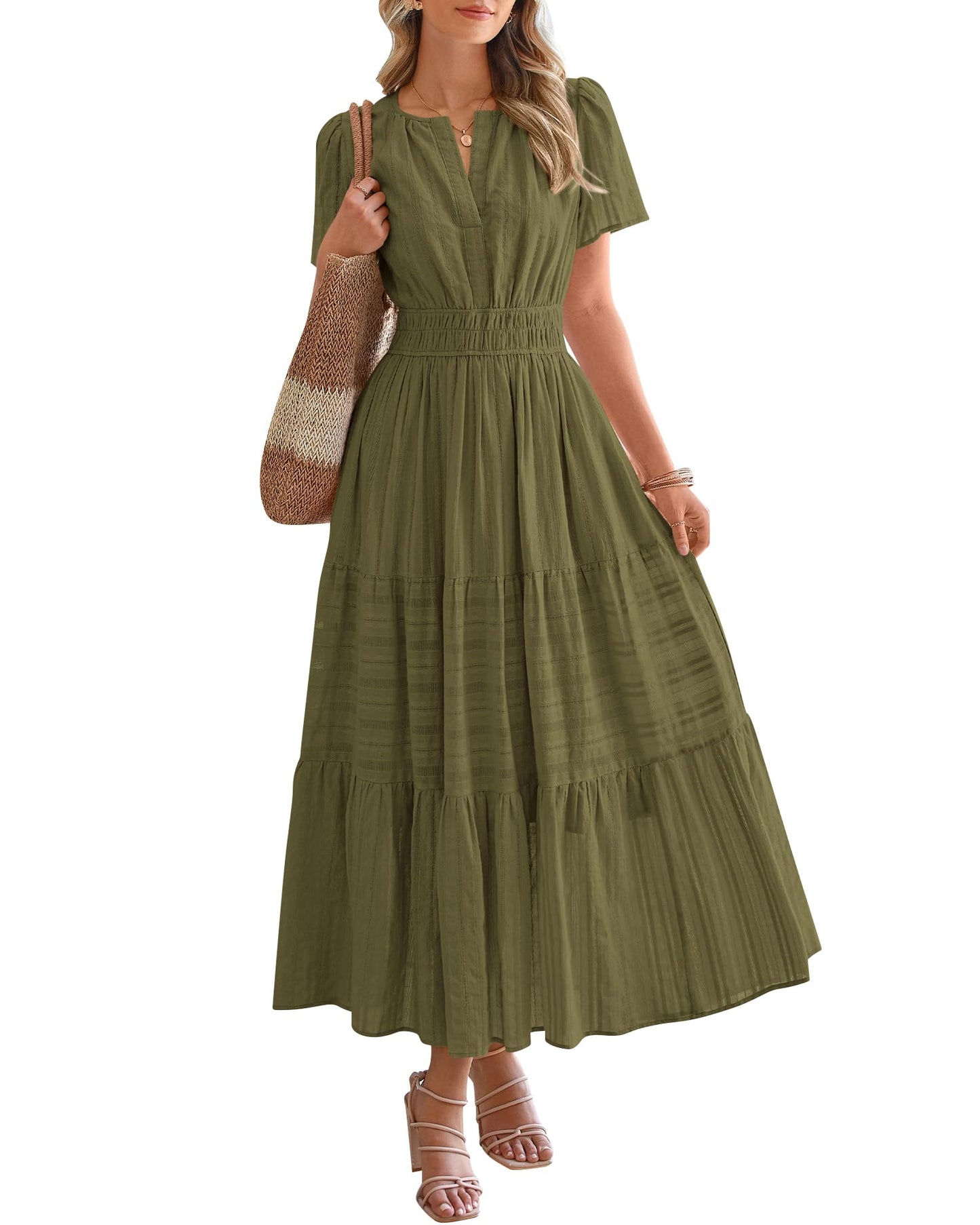 🤩🤩Women's Lightweight Short Sleeve V Neck Elastic Waist Dresses